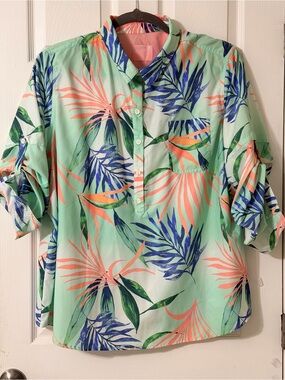 Reel Legends Mint Tropical Print Button-Down with Coral and Navy Leaves